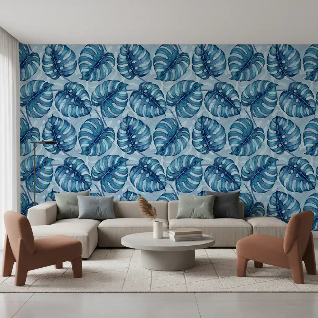 Monstera watercolor in blue Wallpaper⁠