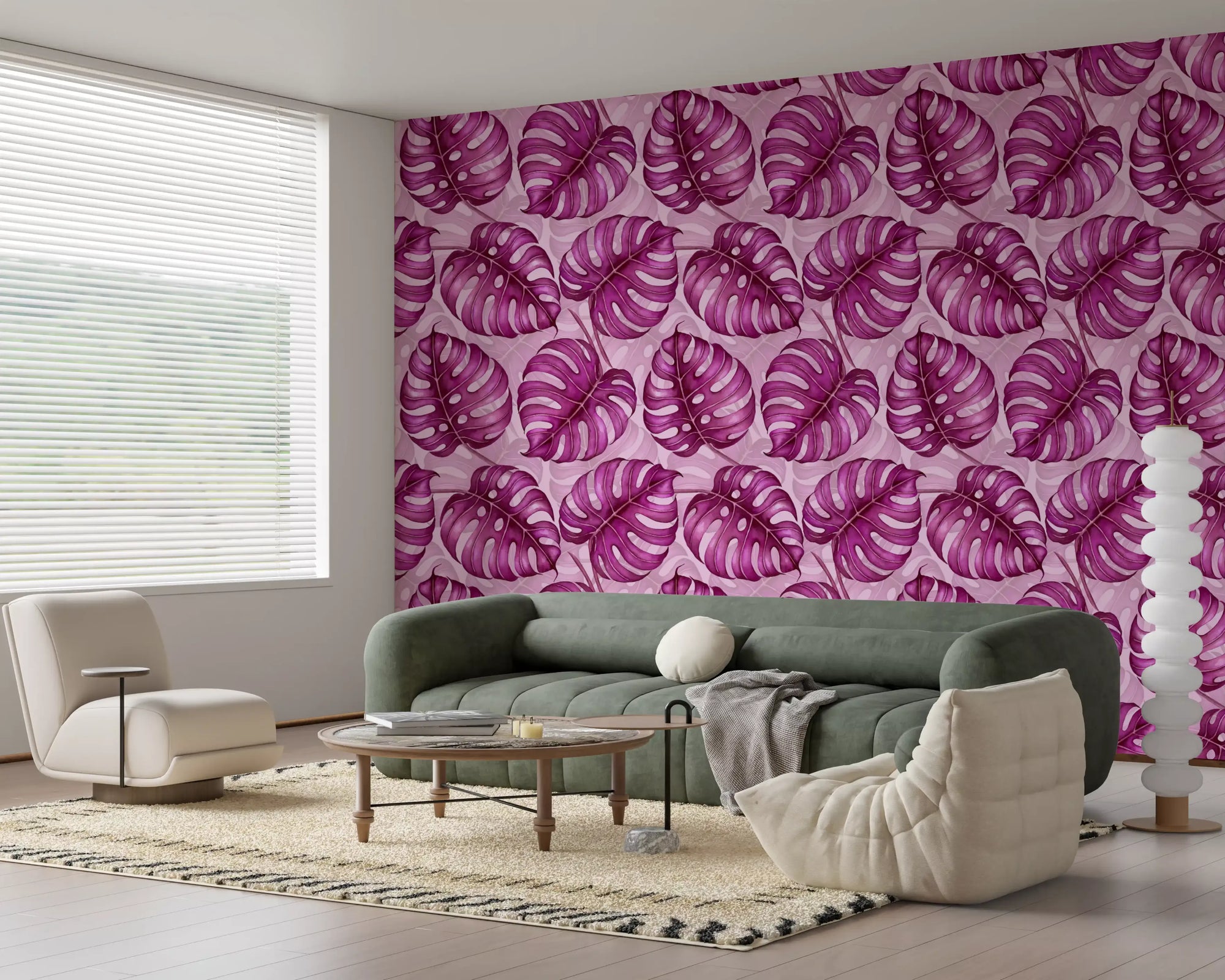 Monstera watercolour in purple wallpaper with magenta tropical leaves on pink GD10802
