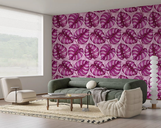 Monstera watercolour in purple wallpaper with magenta tropical leaves on pink GD10802