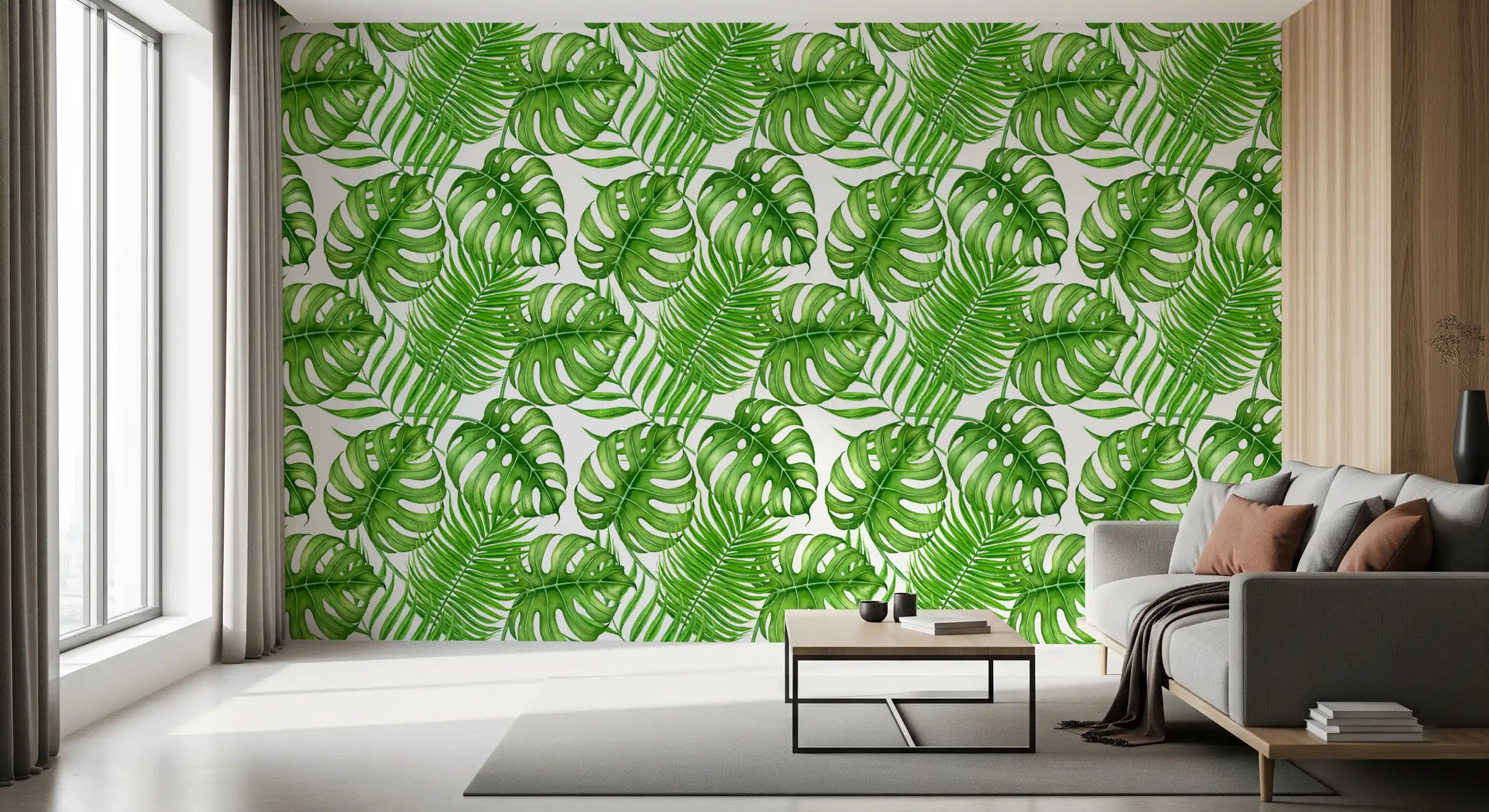 Tropical leaves wallpaper with monstera and palm fronds in living room GD10798