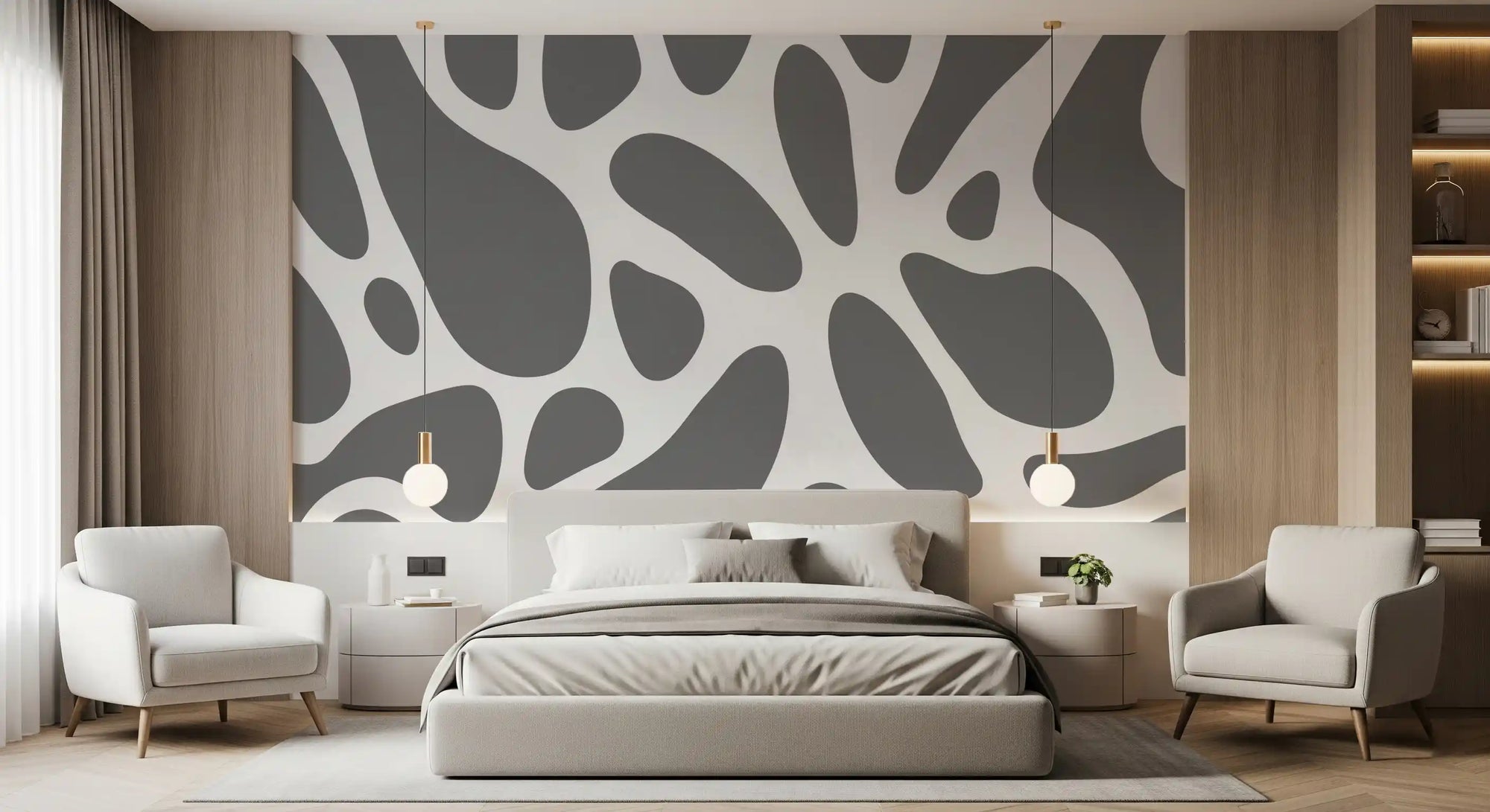 Grey organic fluid shapes wall mural with smooth rounded contours in bedroom GD10805