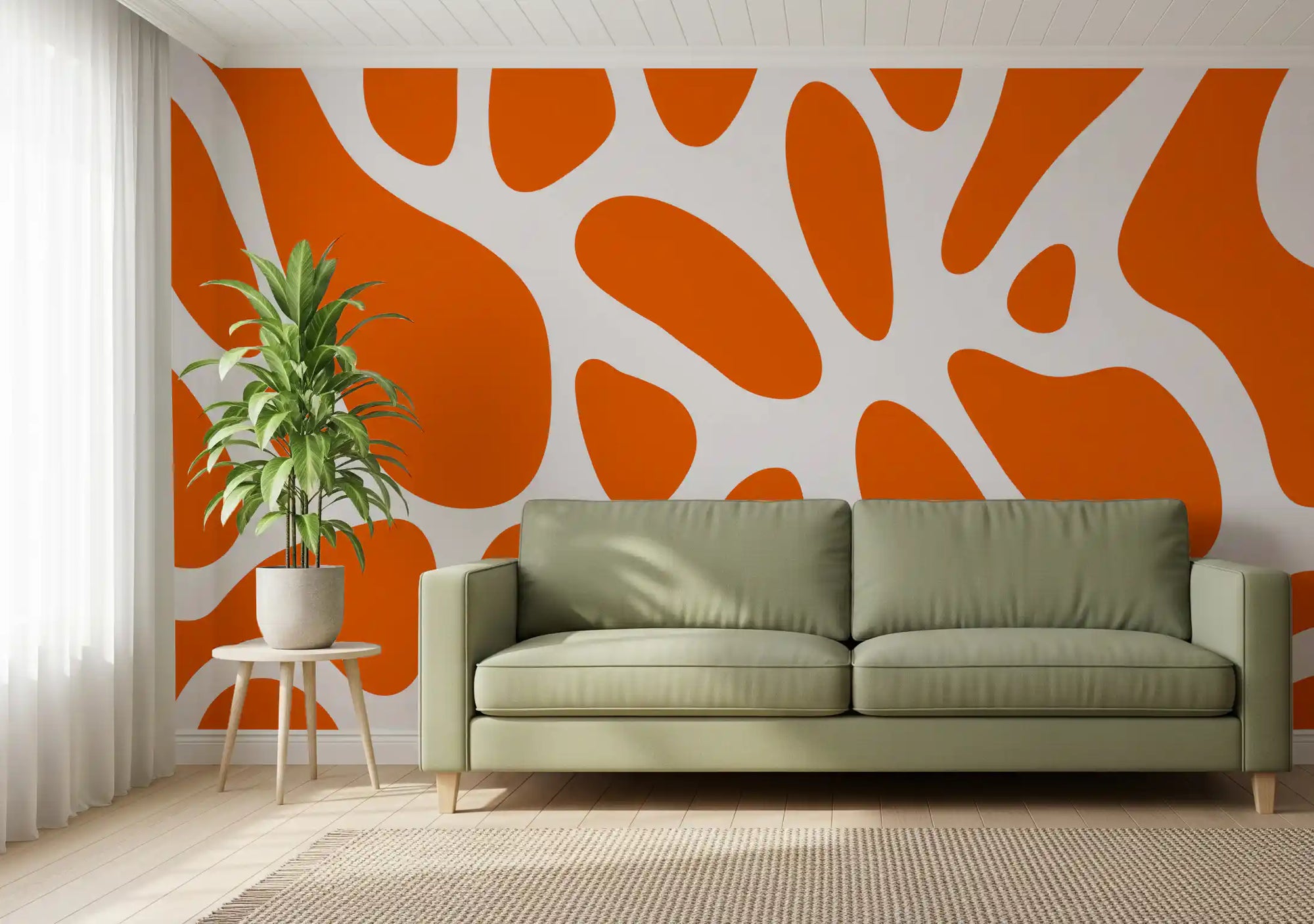 Tangerine orange organic fluid shapes wall mural on white background in living  room GD10806 