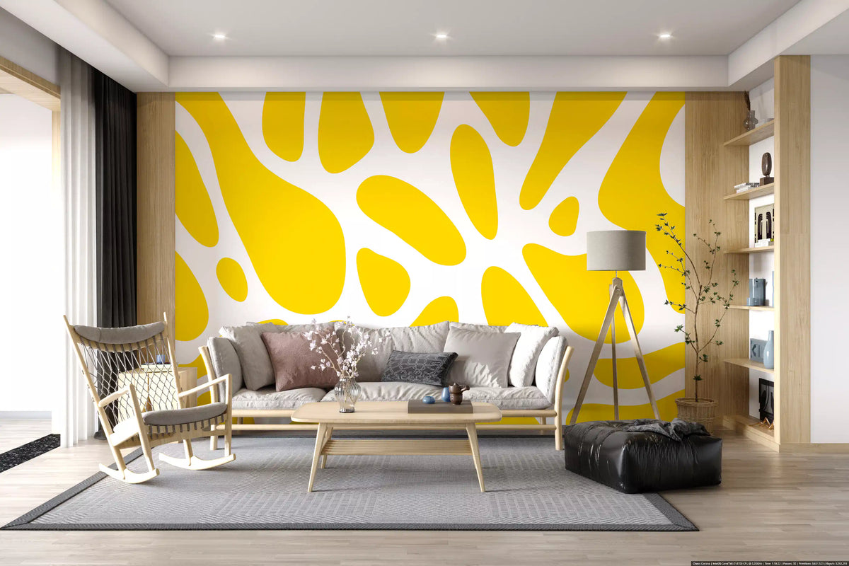 Bright yellow organic fluid shapes wall mural on crisp white background in living room GD10807 