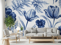 Vintage Indigo Tulip and Fern Botanical Wall Mural