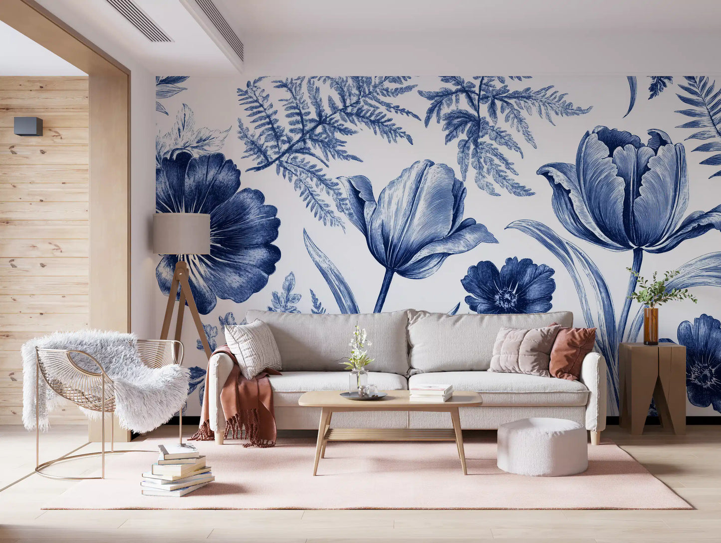 Vintage Indigo Tulip and Fern Botanical Wall Mural