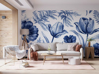 Vintage Indigo Tulip and Fern Botanical Wall Mural