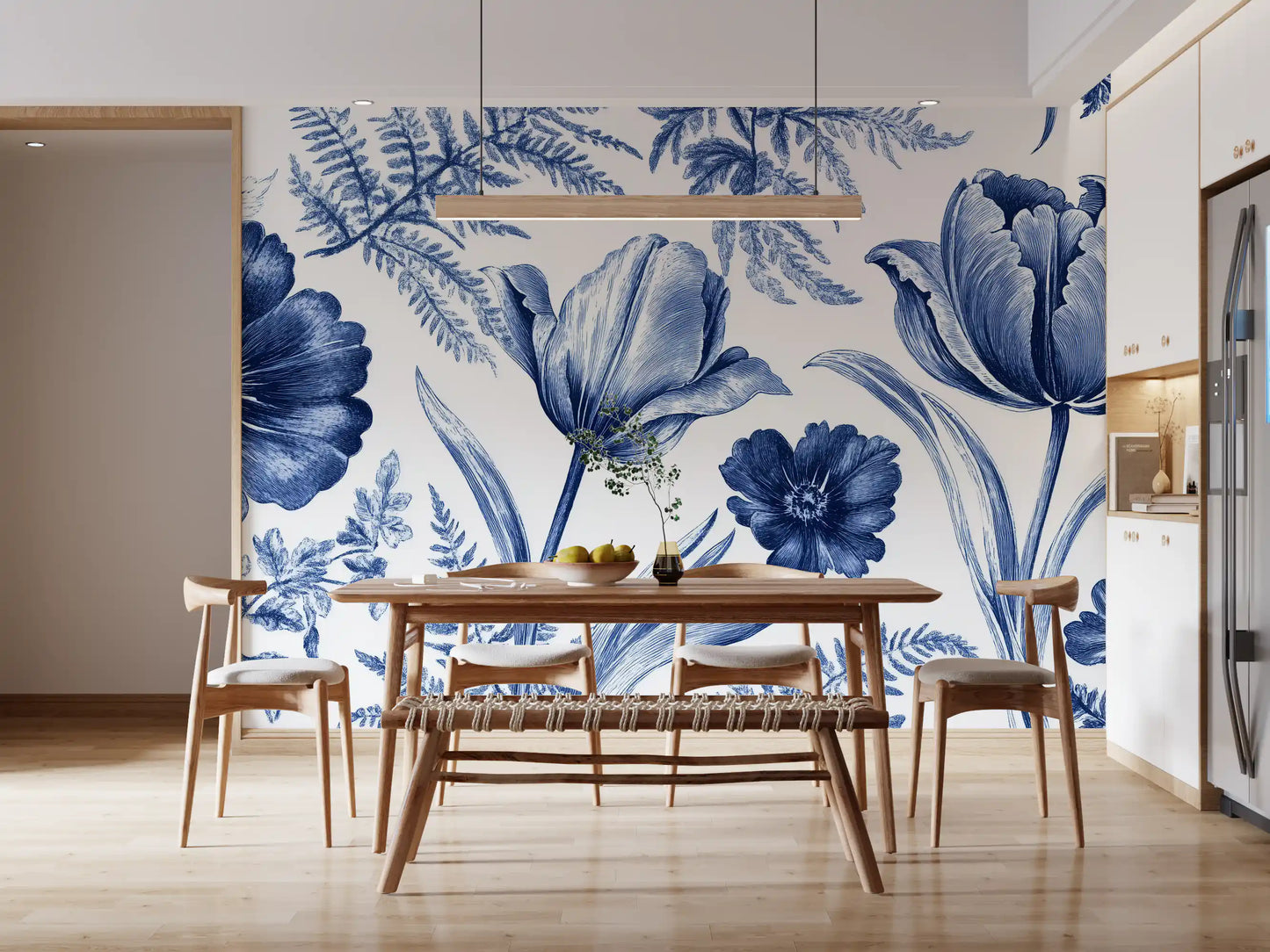 Vintage Indigo Tulip and Fern Botanical Wall Mural