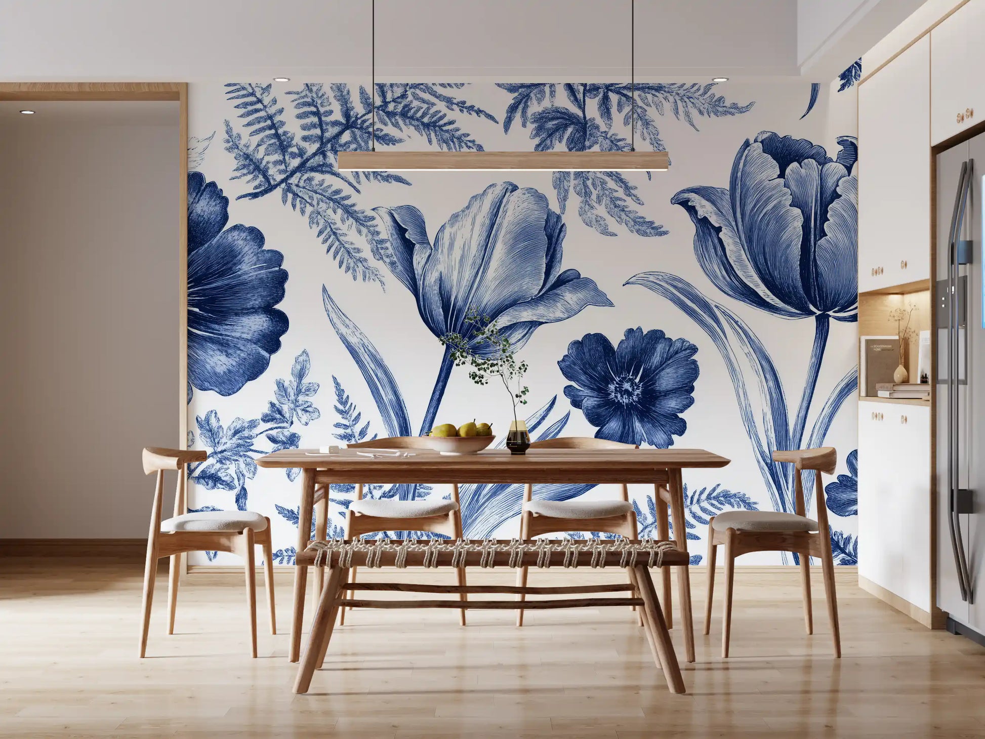 Vintage Indigo Tulip and Fern Botanical Wall Mural