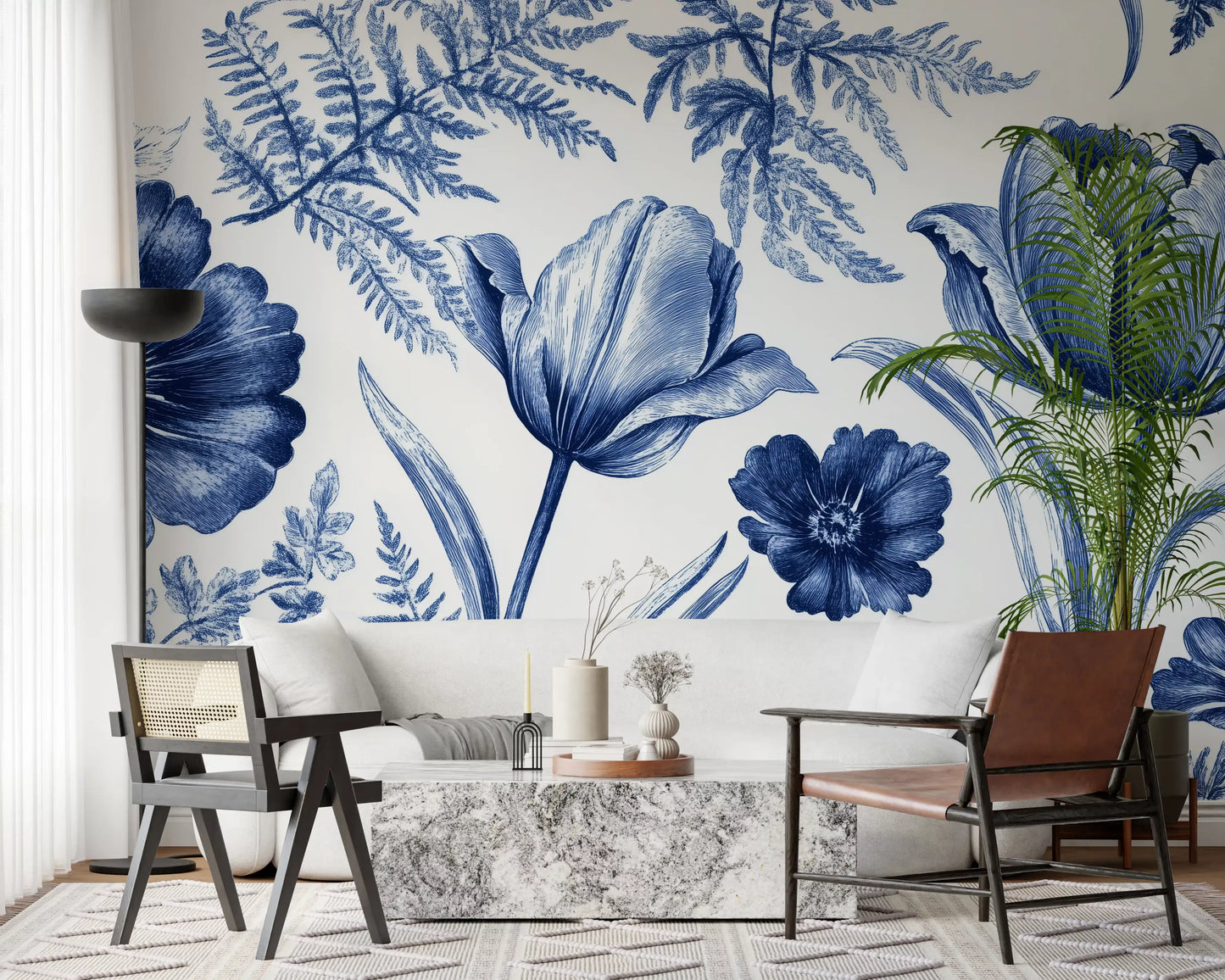 Vintage Indigo Tulip and Fern Botanical Wall Mural