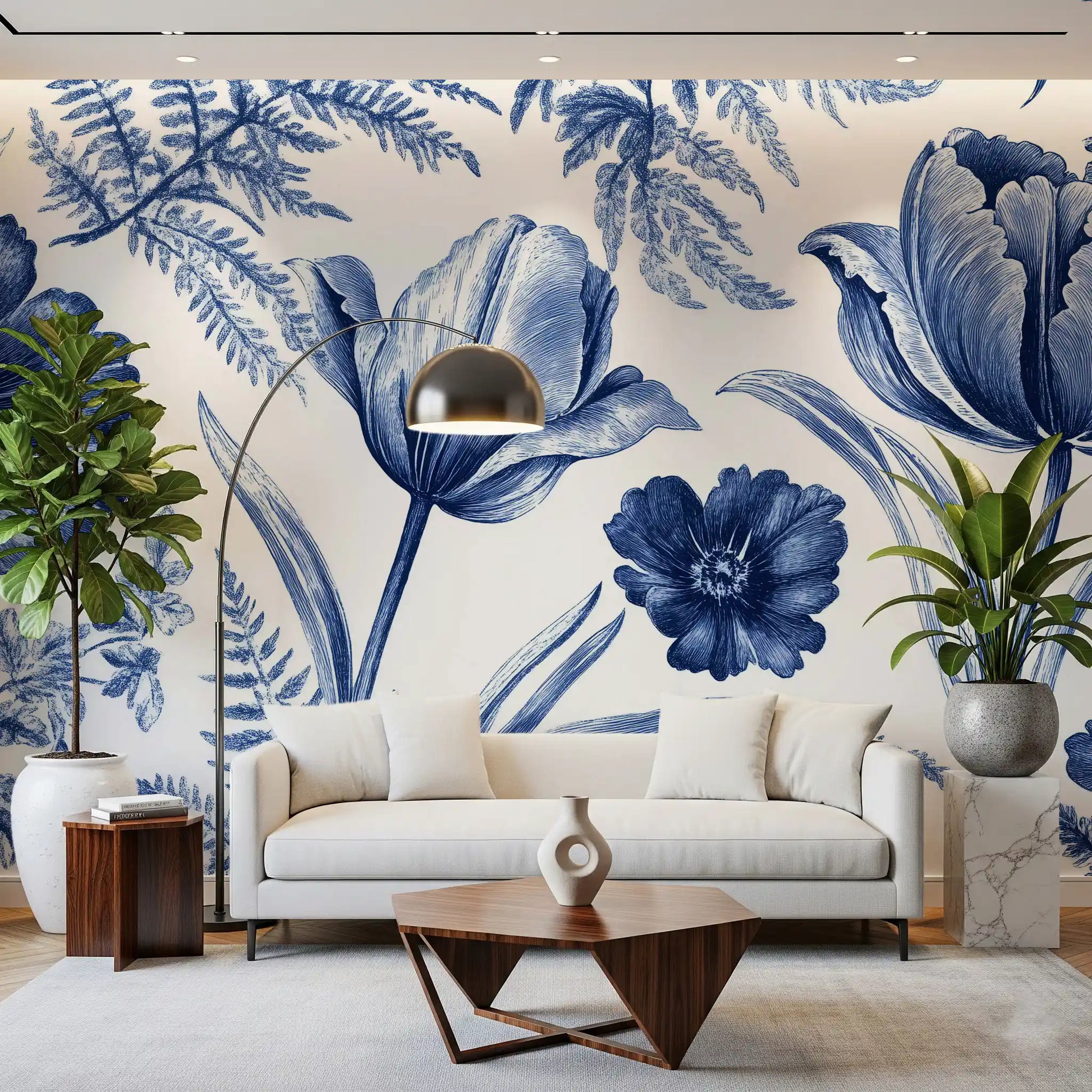 Vintage Indigo Tulip and Fern Botanical Wall Mural