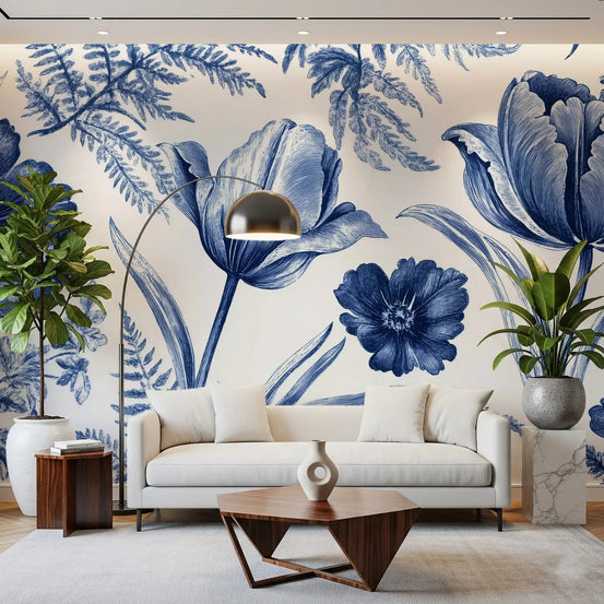 Vintage indigo tulip and fern botanical wall mural in engraving style for living room GD10808