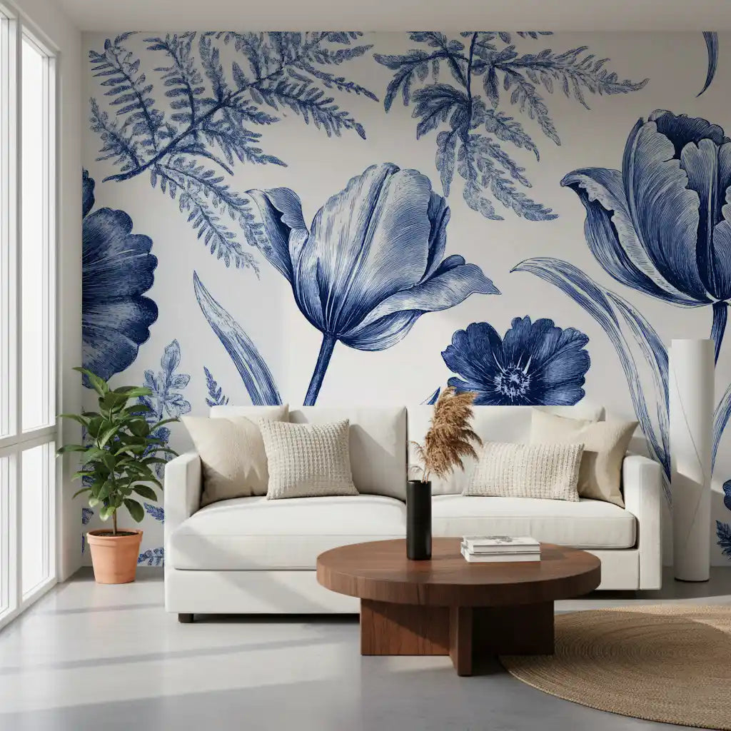 Vintage Indigo Tulip and Fern Botanical Wall Mural