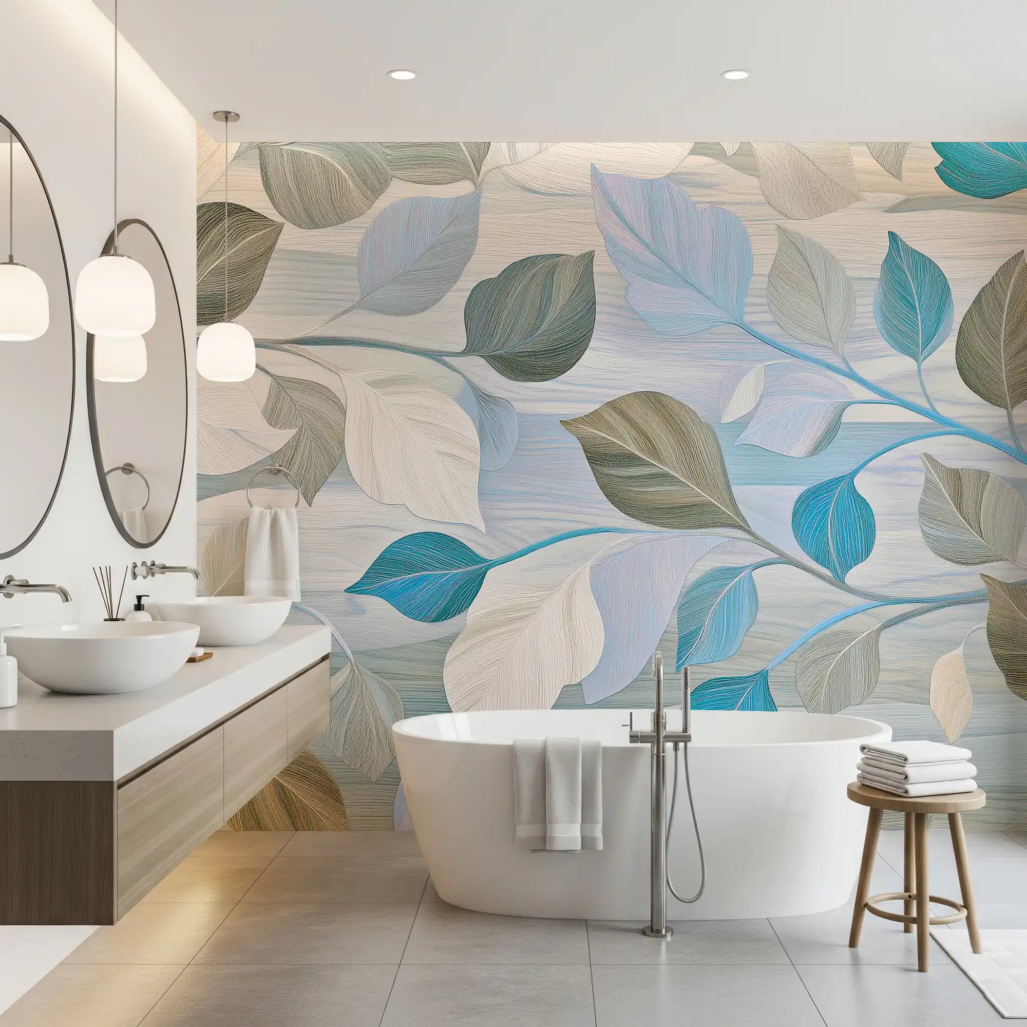 Pastel botanical wall mural with teal olive and lavender textured leaves in bathroom GD10809