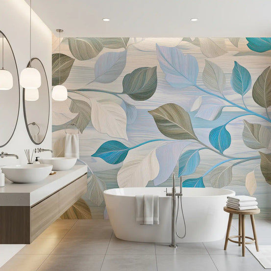 Pastel botanical wall mural with teal olive and lavender textured leaves in bathroom GD10809