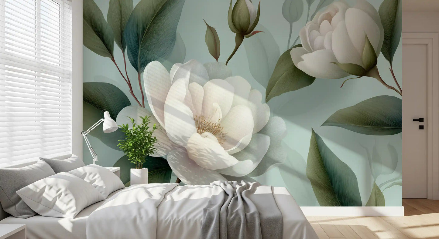Serene Sage White Peonies Floral Wall Mural