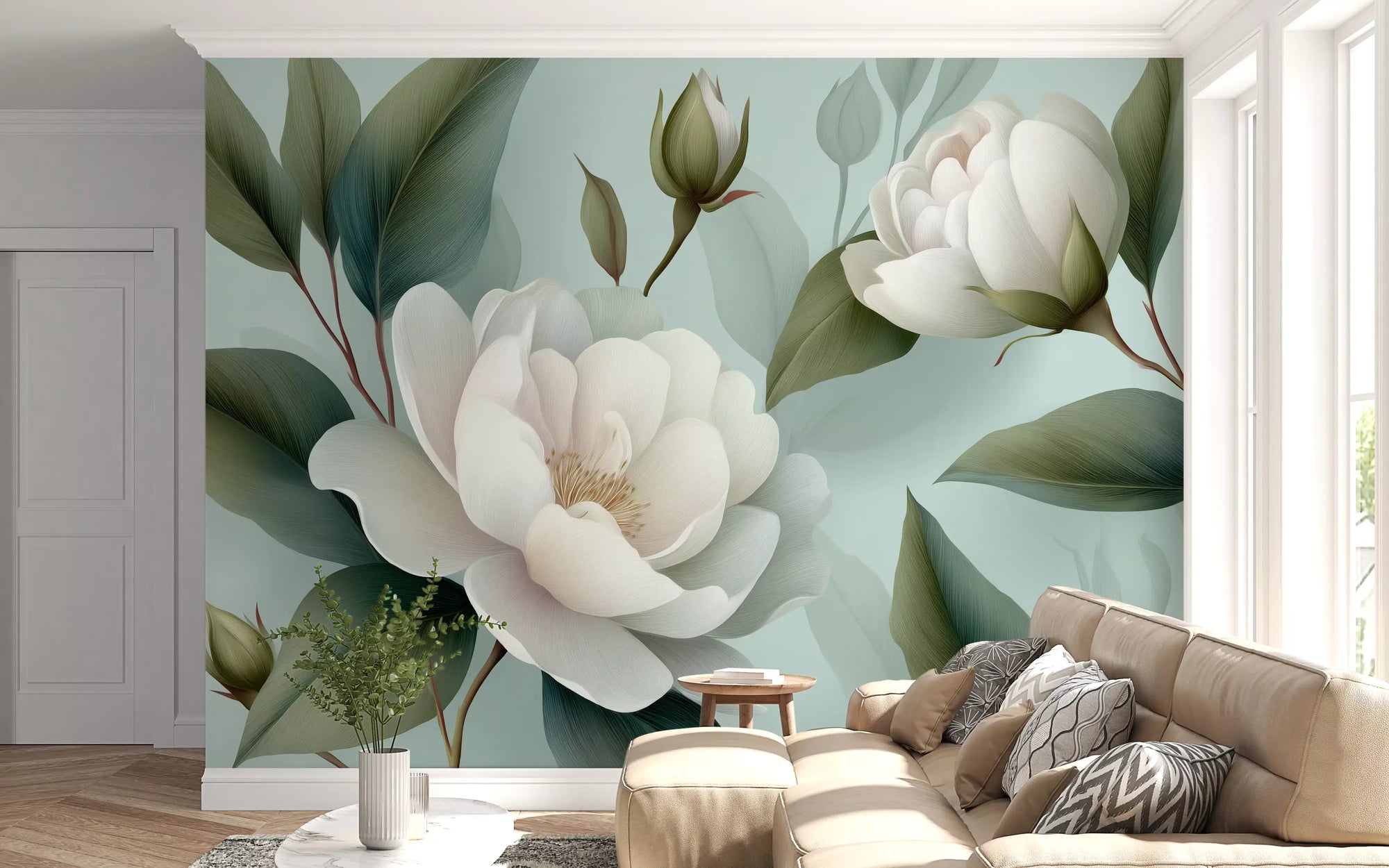 White peony floral wall mural with sage green leaves on mint background in living area GD10810