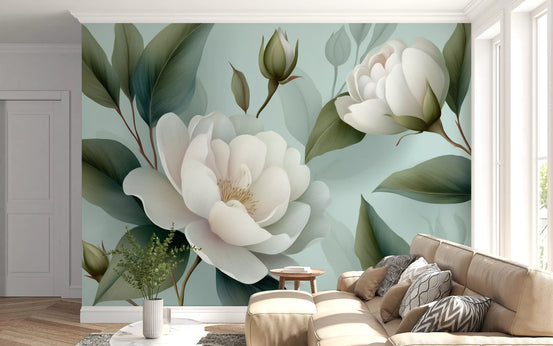 White peony floral wall mural with sage green leaves on mint background in living area GD10810