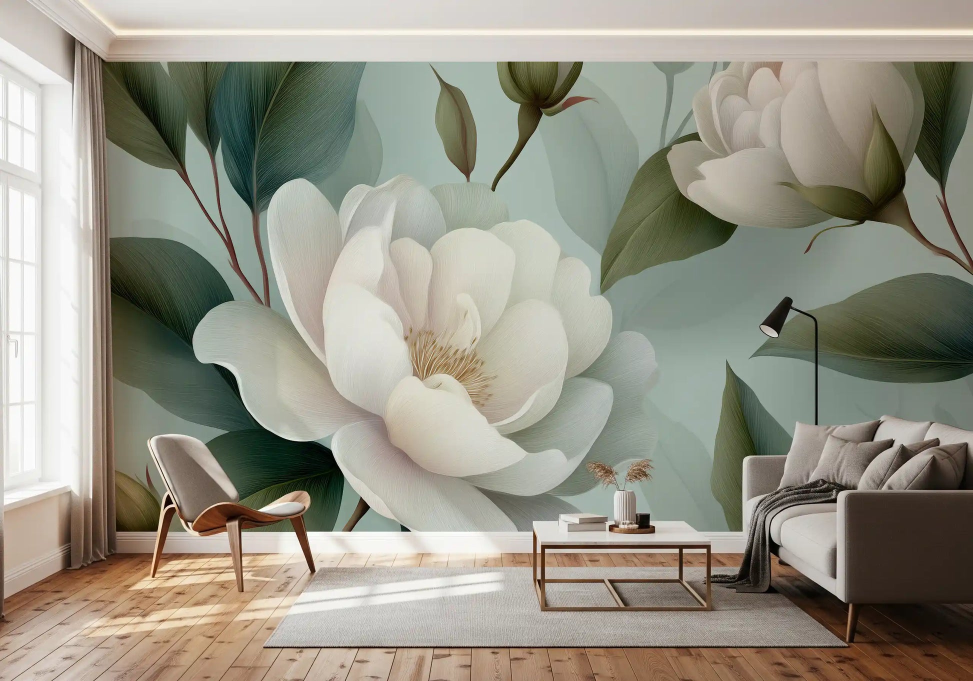 Serene Sage White Peonies Floral Wall Mural
