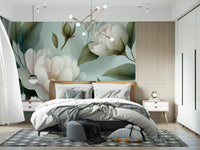 Serene Sage White Peonies Floral Wall Mural