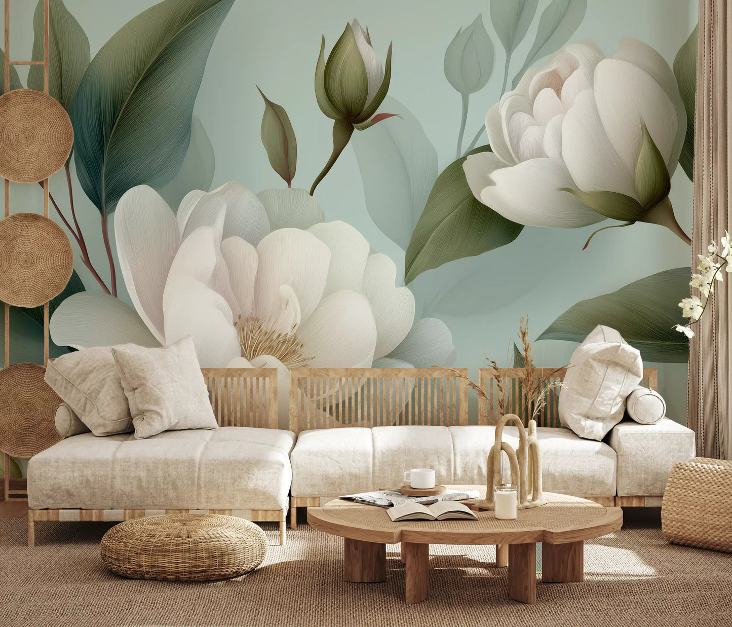 Serene Sage White Peonies Floral Wall Mural