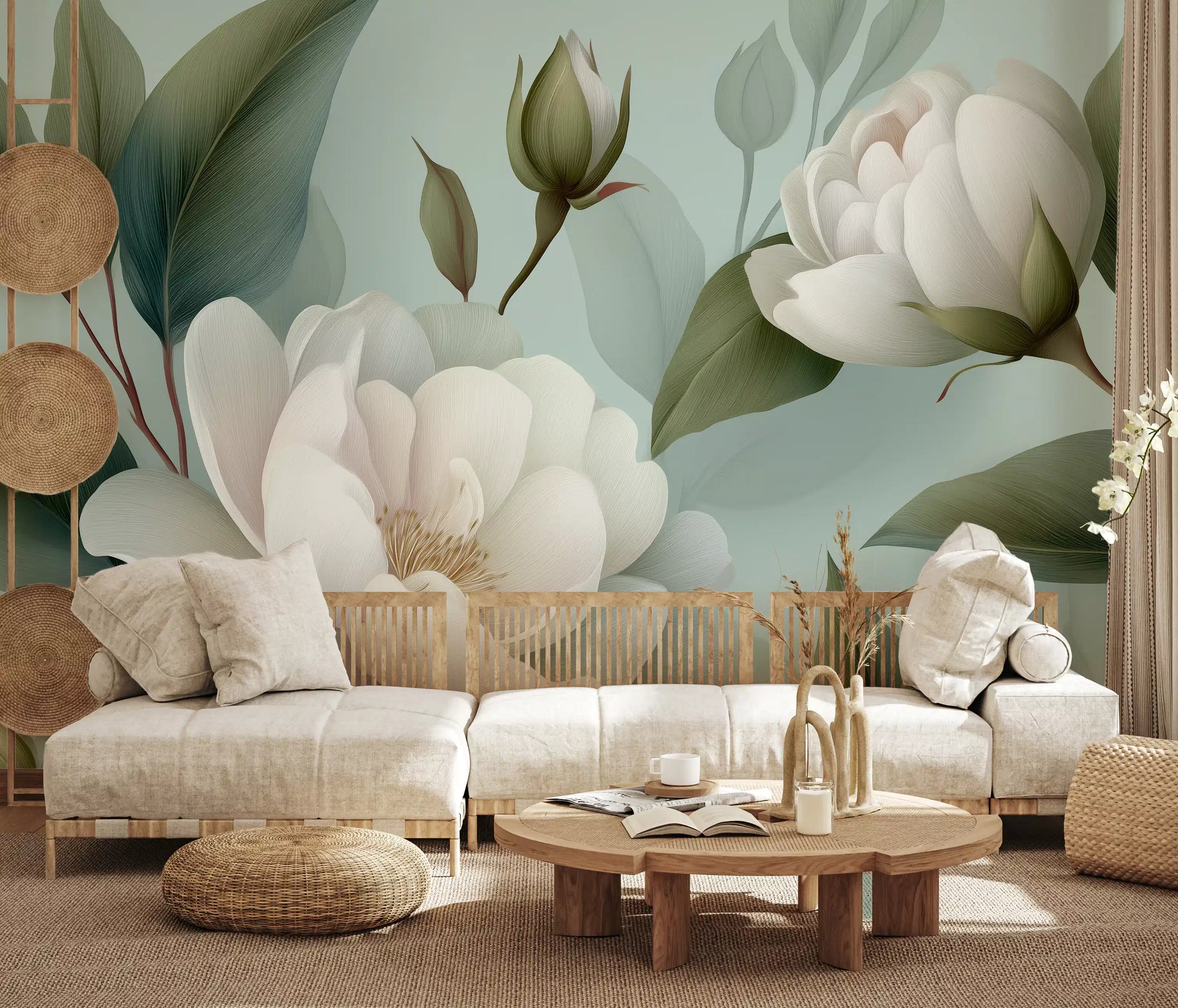 Serene Sage White Peonies Floral Wall Mural