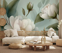 Serene Sage White Peonies Floral Wall Mural
