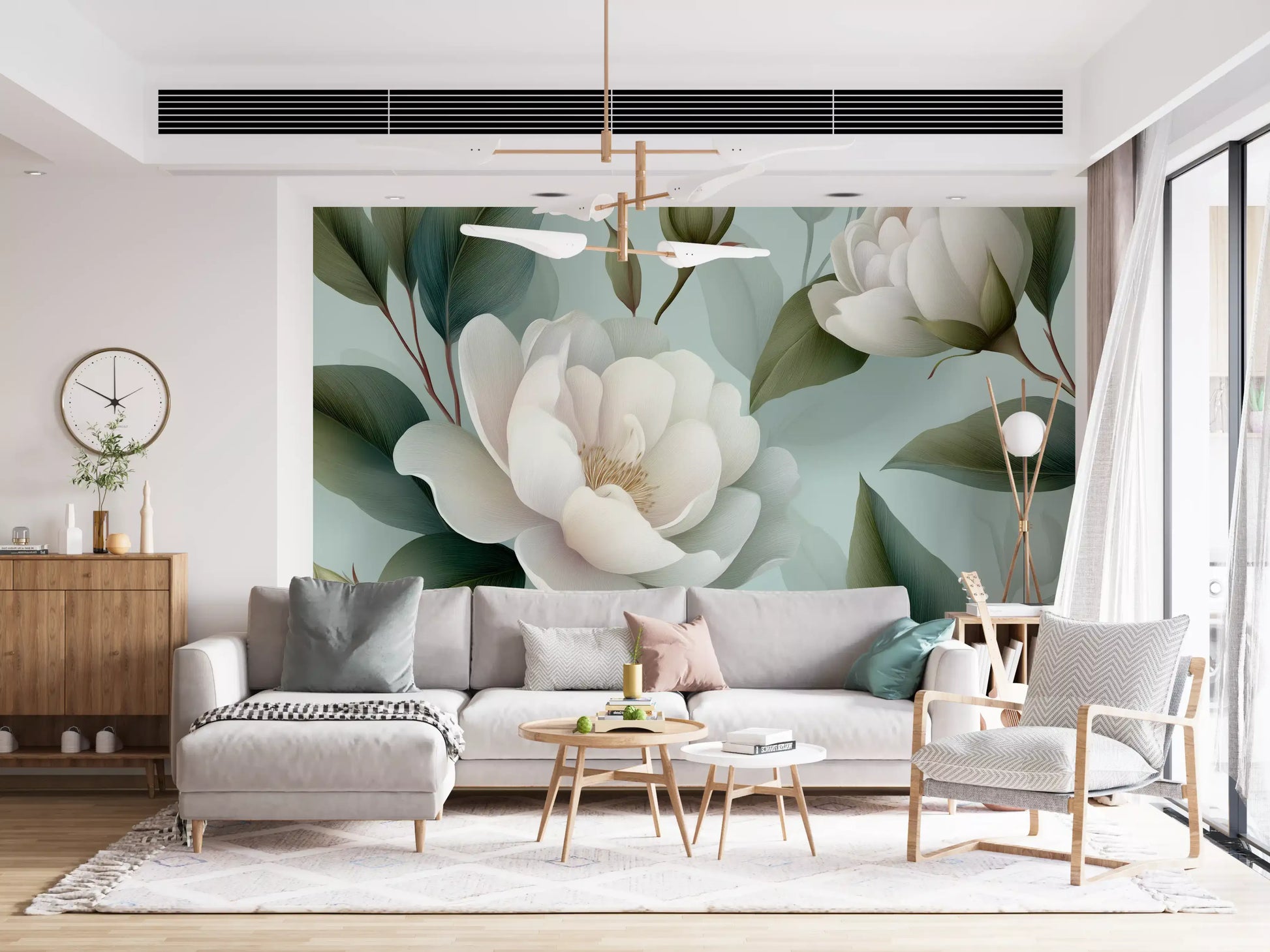 Serene Sage White Peonies Floral Wall Mural
