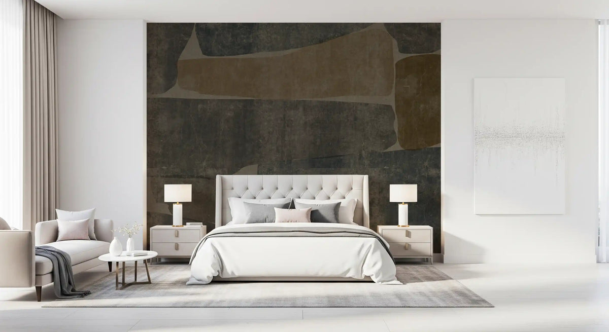 Modern earthy stone slab wall mural in charcoal ochre and taupe tones for bedroom GD10811 