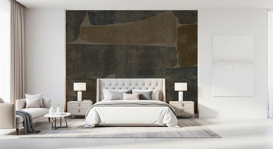 Modern earthy stone slab wall mural in charcoal ochre and taupe tones for bedroom GD10811 