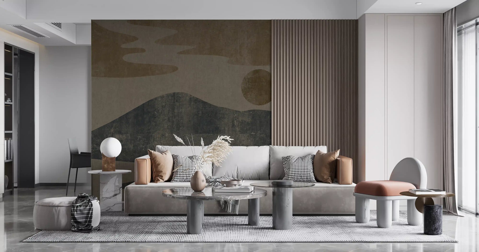 Charcoal and ochre wabi-sabi landscape wall mural with mountains and sun in living room GD10812
