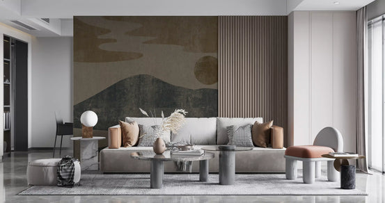 Charcoal and ochre wabi-sabi landscape wall mural with mountains and sun in living room GD10812