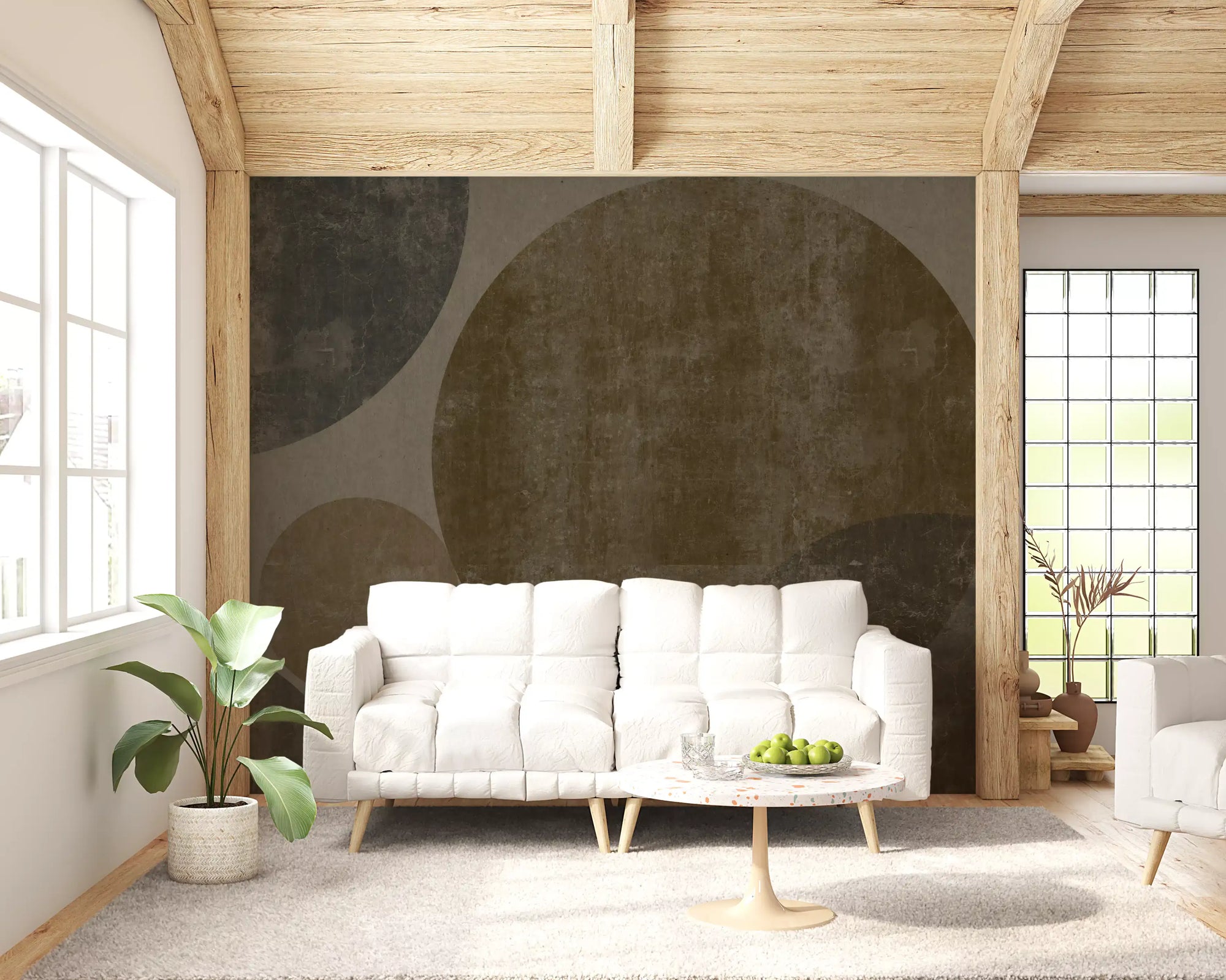 Industrial concrete spheres geometric wall mural in ochre and charcoal GD10813 