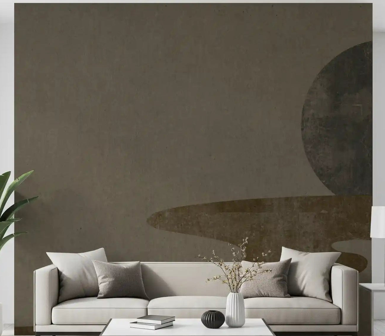 Zen dusk wabi-sabi landscape wall mural with charcoal moon and ochre river in living room.  GD10814