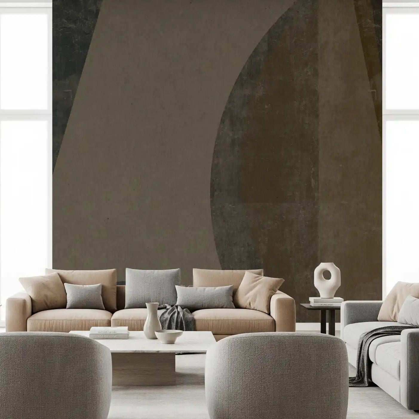 Mid-century textured arcs wall mural in charcoal taupe and warm brown for living area GD10816
