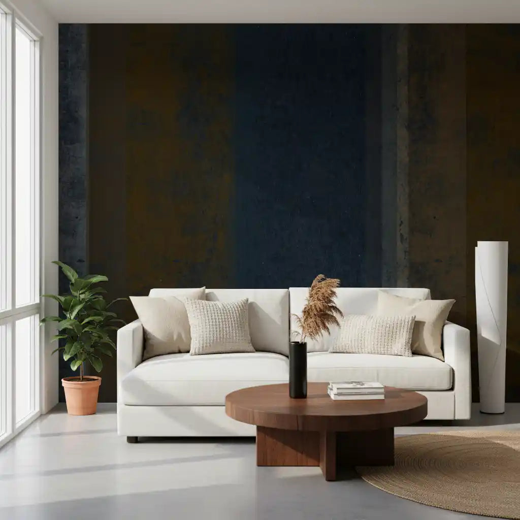 Moody earth and iron textured vertical stripes wall mural in navy and rust for living room GD10817