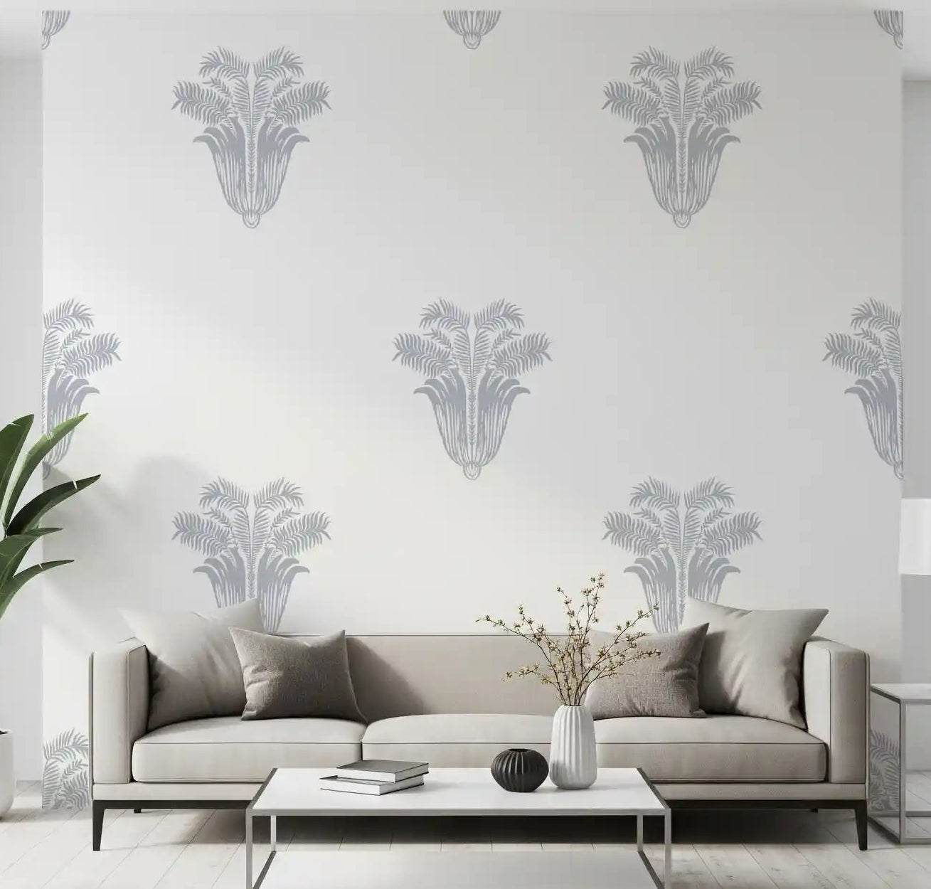 Grey palm crest botanical motifs repeating on white wallpaper in living room GD10818 