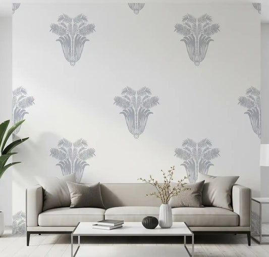 Grey palm crest botanical motifs repeating on white wallpaper in living room GD10818 