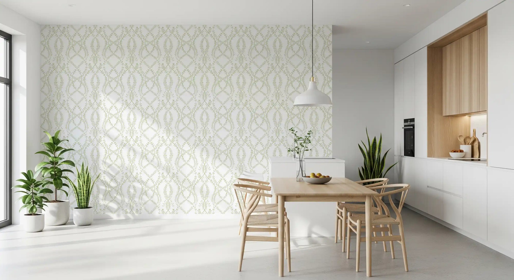 Sage green intertwined botanical vines on white repeating wallpaper in dining room GD10819