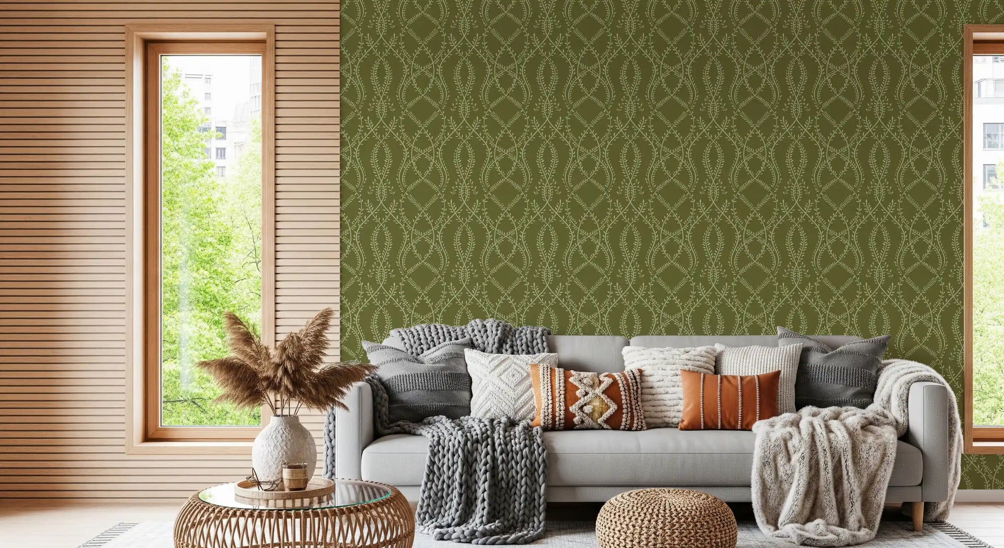 Olive green interlaced botanical vine pattern on deep olive wallpaper in living room GD10820