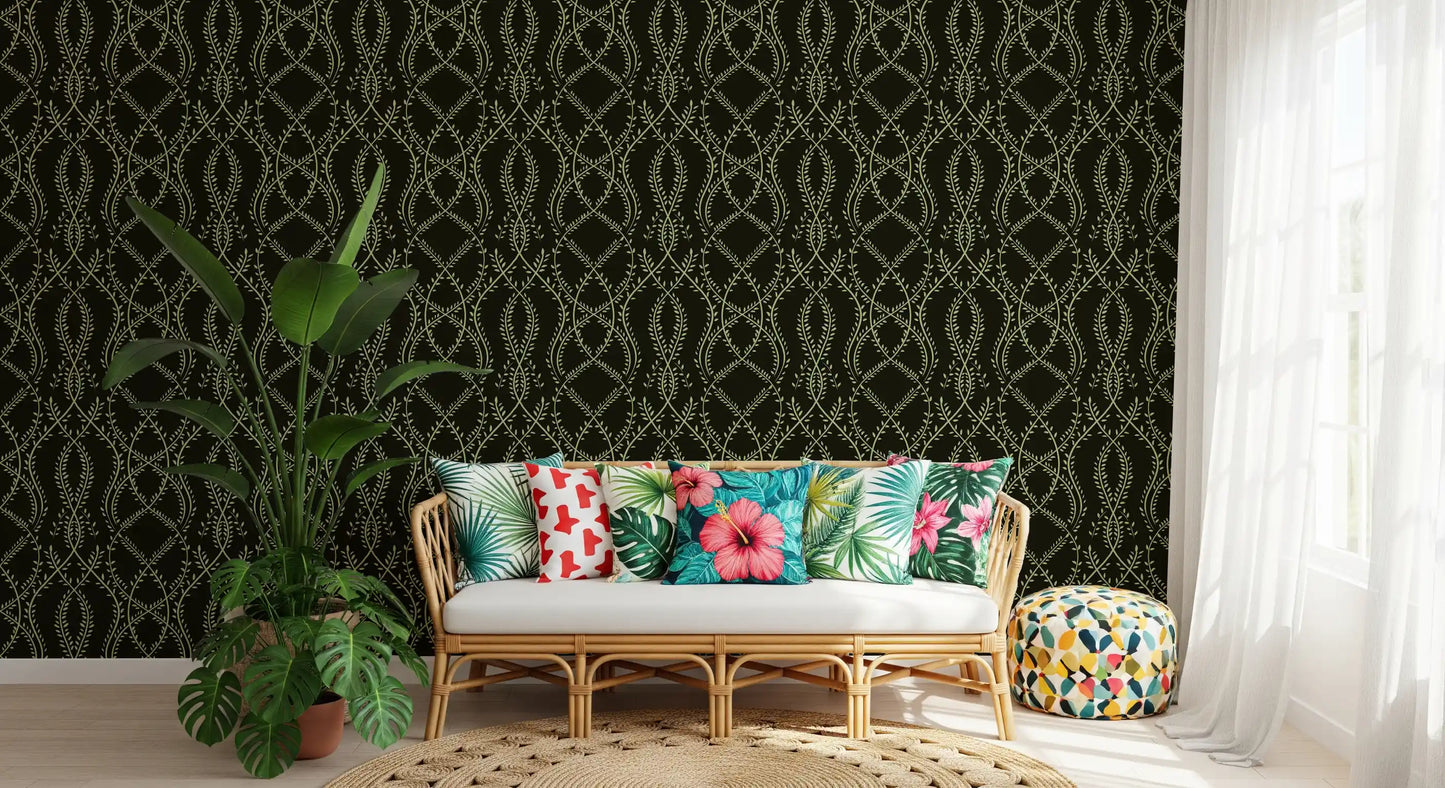 Midnight Ivy Interlaced Vine Botanical Pattern Wallpaper⁠