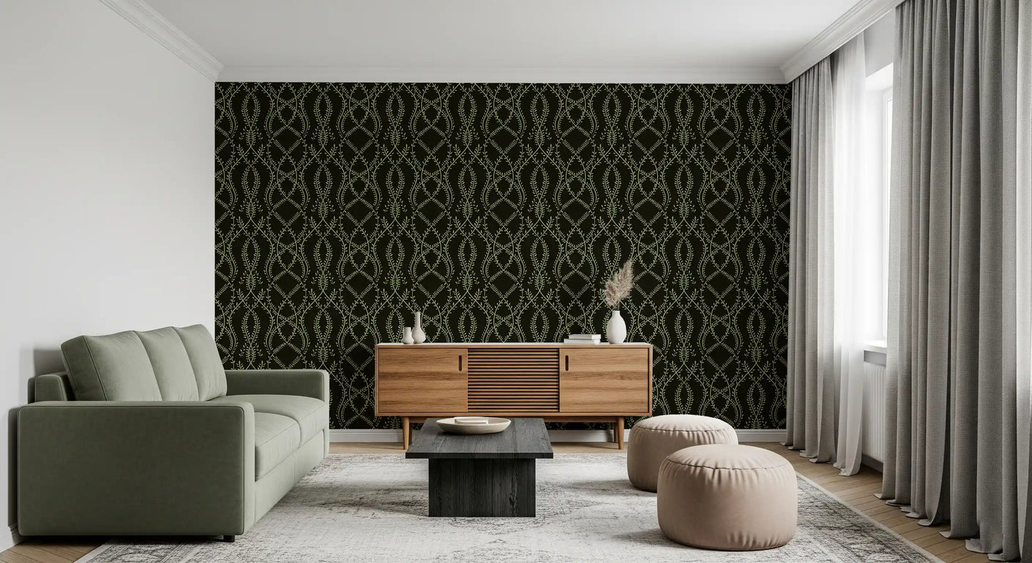 Midnight Ivy Interlaced Vine Botanical Pattern Wallpaper⁠