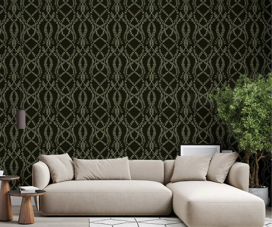Pale green interlaced botanical vines on a dark midnight wallpaper in living room GD10821 