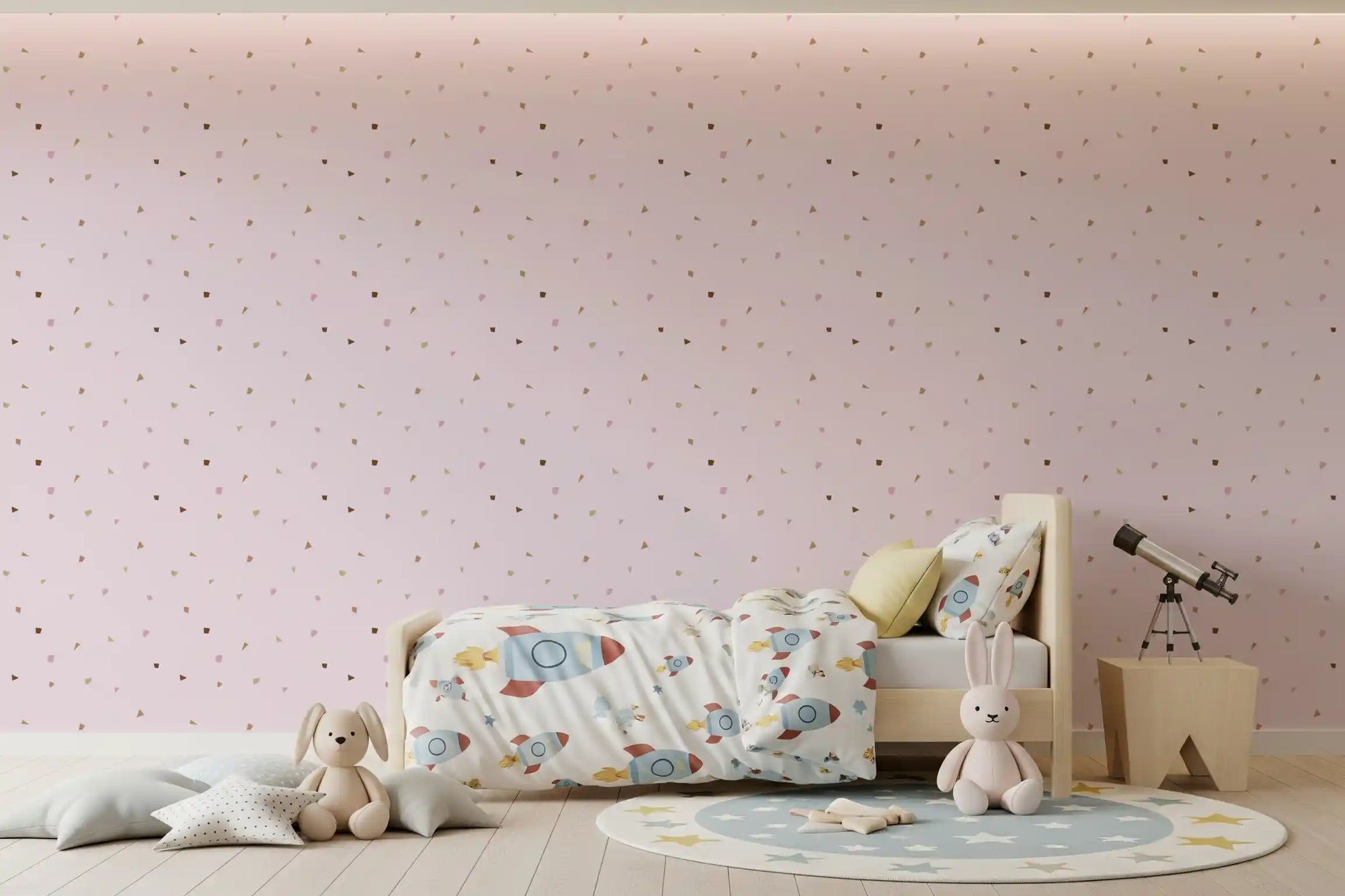 Blush pink terrazzo confetti wallpaper with scattered geometric chips in kids room  GD10822