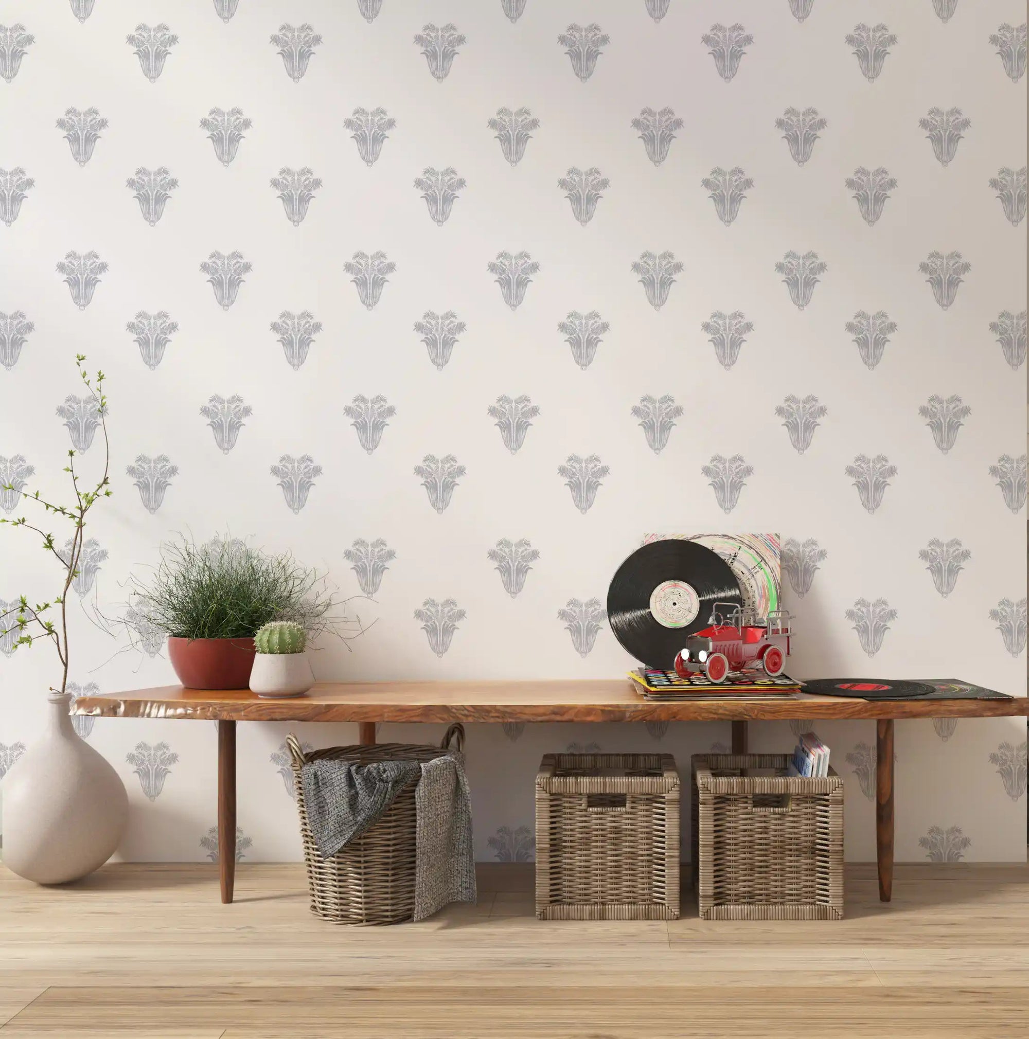 Neoclassical palm motif wallpaper with grey palmette silhouettes in hallway GD10825