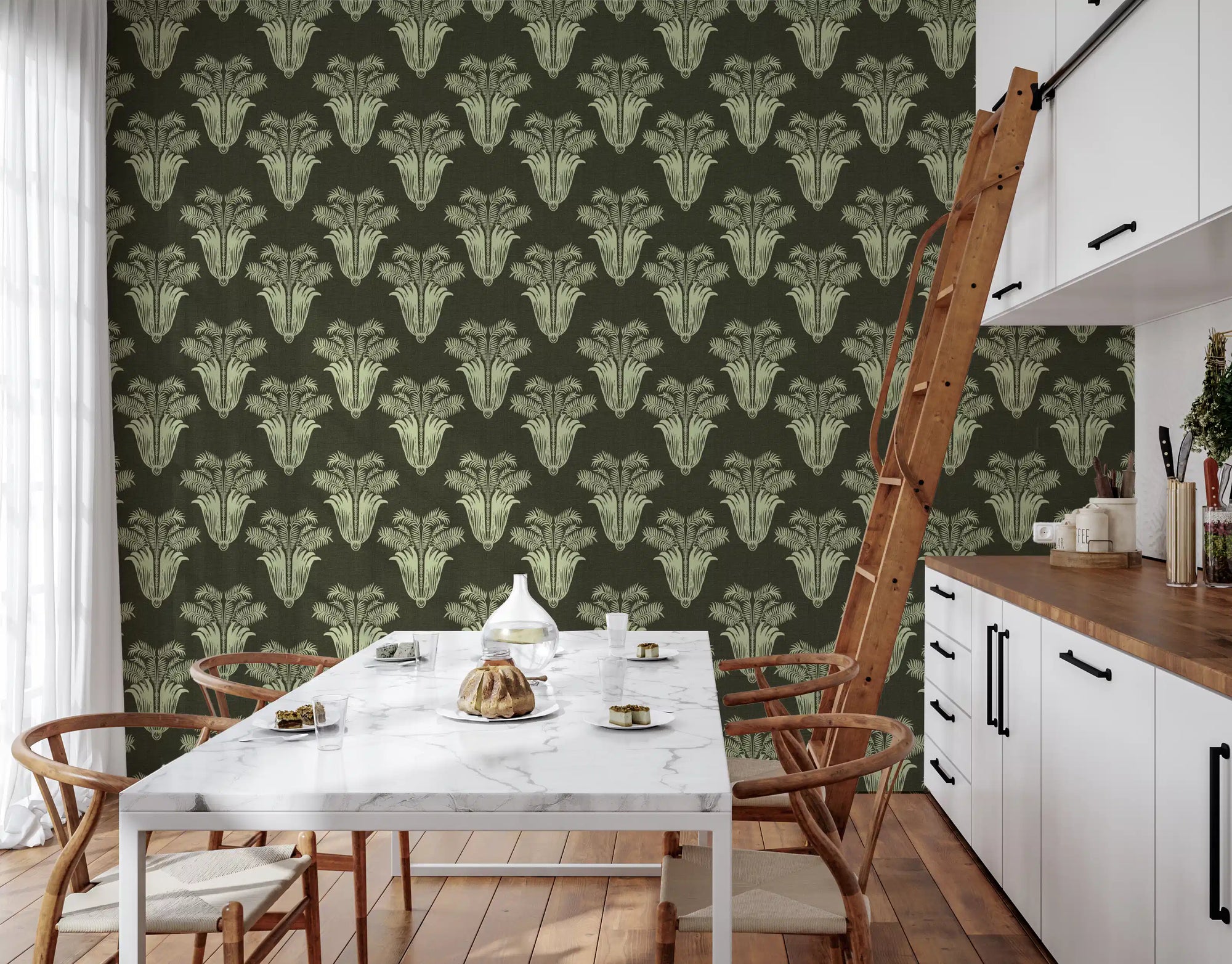 Vintage Art Deco palm damask wallpaper with cream palmettes in dining room GD10828