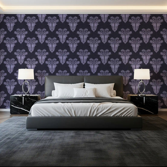 Violet botanical palm frond motifs on dark navy repeating wallpaper in bedroom GD10829