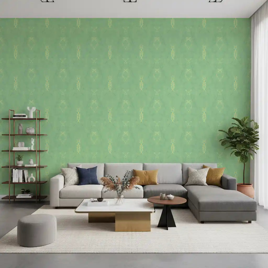 Sage and gold intertwining vine trellis pattern on mint green wallpaper in living room GD10830