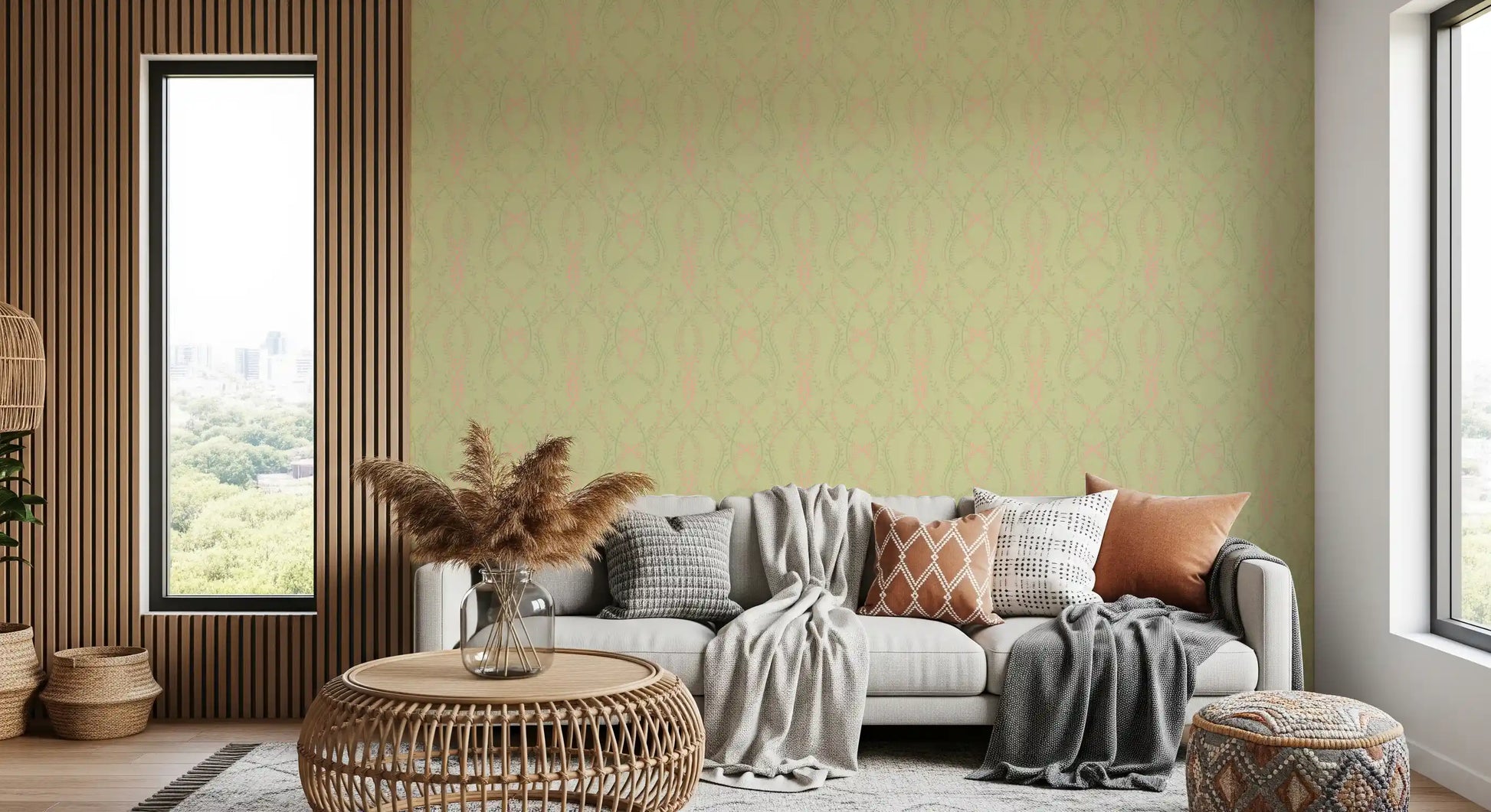 Soft Sage and Blush Pink Botanical Ogee Wallpaper Wallpaper⁠