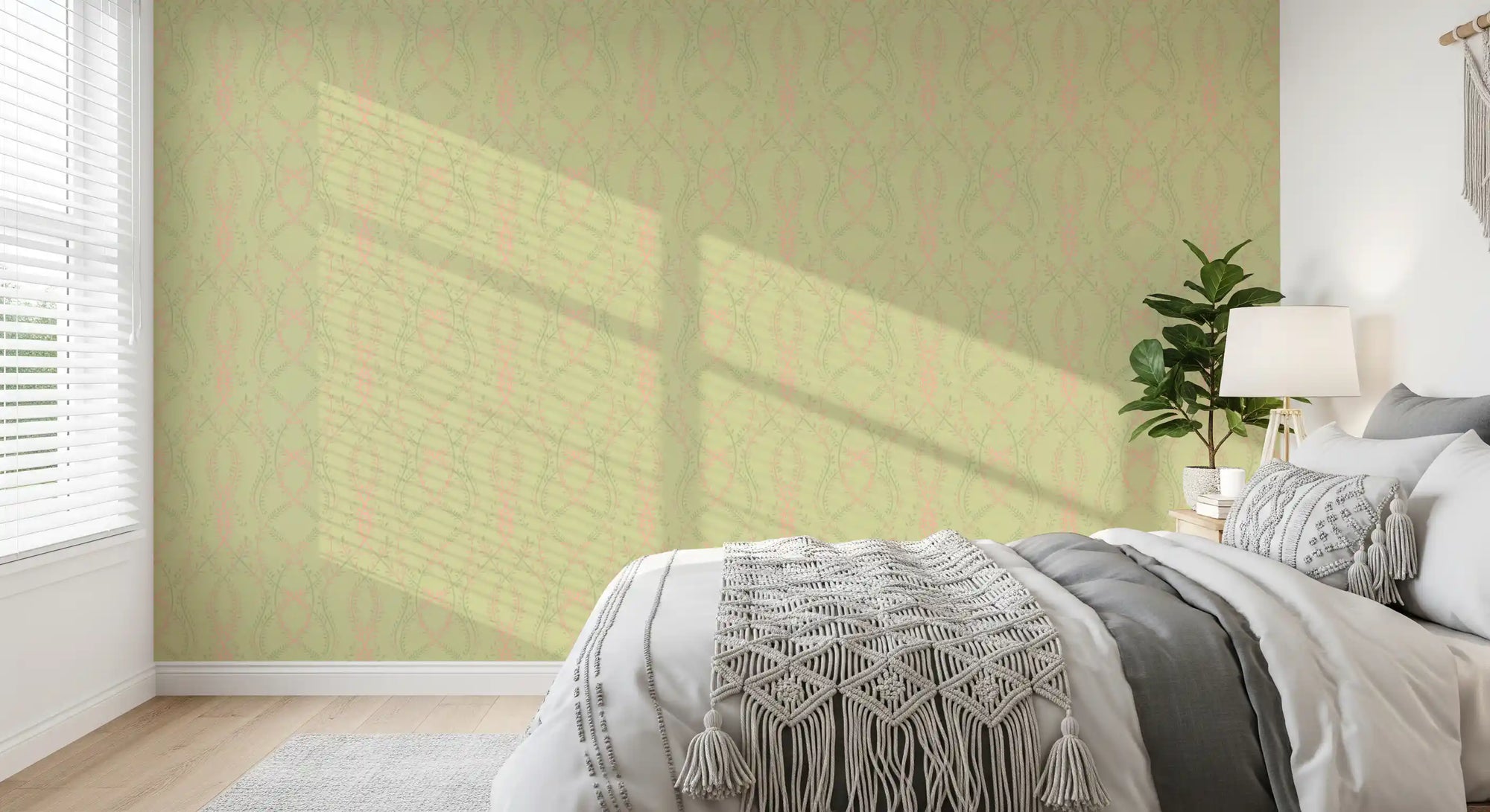 Blush pink and sage vine trails in botanical ogee pattern on green wallpaper for bedroom GD10831