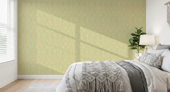 Blush pink and sage vine trails in botanical ogee pattern on green wallpaper for bedroom GD10831